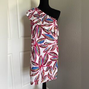 J. Crew One-Shoulder Dress with Pink and Blue Leaf Pattern